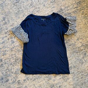 LOFT Dark Blue Top with Gingham Sleeves